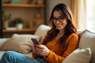 Smiling Woman Using Smartphone While Relaxing on Couch at Home
