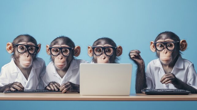 Chimps in glasses work with computers at a table