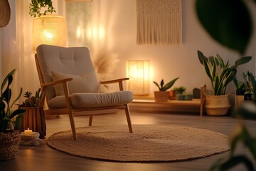 A calming therapy room featuring a cozy chair and soft lighting for relaxation and healing