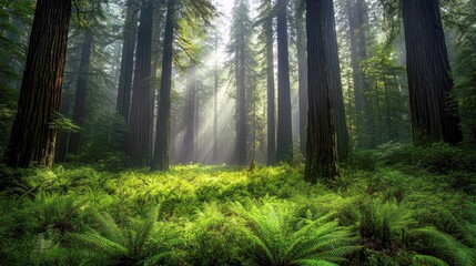 Obraz premium Sunlight beams through a dense forest of towering redwood trees, illuminating the lush green ferns on the forest floor.