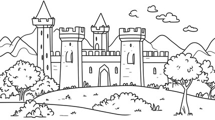 Obraz premium Simple castle with blocky towers and a tall central keep, minimalist cartoon outline perfect for kids' coloring