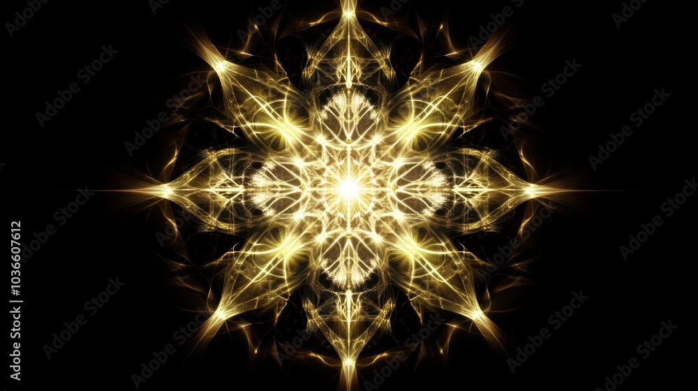 Poster Intricate patterns of symmetrical shapes glow like golden snowflakes, radiating light against a deep black background. Generative AI
