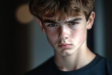 Fototapeta premium A young boy gazes deeply with an intense look. His expression suggests curiosity mixed with determination. The photo captures a moment of reflection. Generative AI