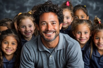 Obraz premium Class photo for this elementary school teacher and his students, Generative AI