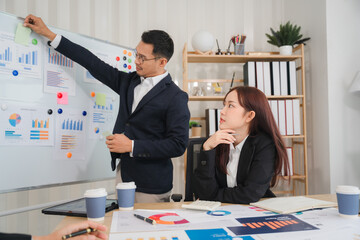 Strategic Analysis: A focused business meeting unfolds as a male presenter points to data on a whiteboard, while colleagues attentively listen and engage in the discussion.