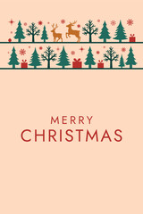 Traditional Merry Christmas Card with Tree, Reindeer, and Gifts