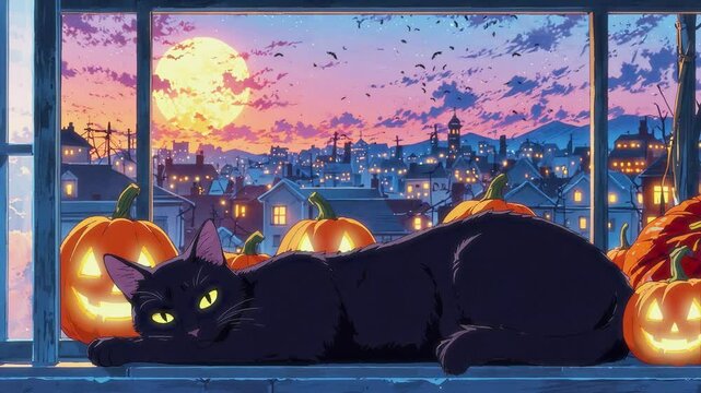 Lofi cat is sleeping comfortably. Halloween theme, Seamless loop, 4K resolution