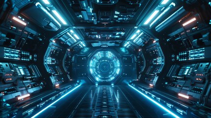 Stunning sci fi tunnel with neon blue lights for an elegant banner design and visual impact