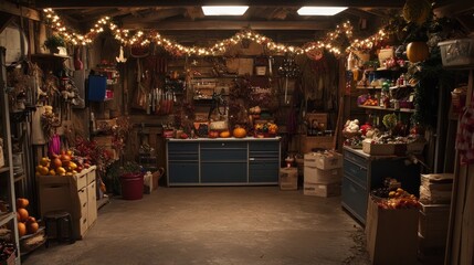 Fototapeta premium A cluttered basement room with a work bench and a variety of items.