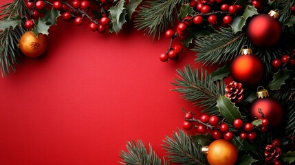 A red background with a Christmas tree and red berries