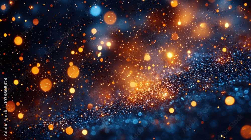 Poster a mesmerizing display of golden and blue bokeh lights shimmering against a dark background, creating
