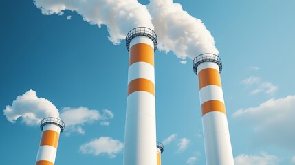 Industrial smokestacks releasing steam, fuel processing plant, clean atmosphere
