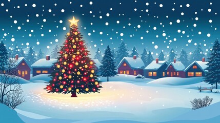 Obraz premium Festive Winter Wonderland - Charming 2D Flat Illustration of Snowy Holiday Homes with Christmas Decor and a Glowing Tree in a Cozy Village Setting. Copy Space Included.