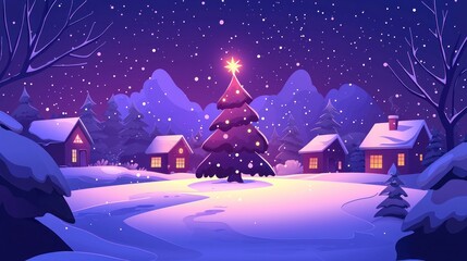 Naklejka premium Festive Winter Village Scene with Christmas Tree and Decorated Homes for Holiday Backgrounds