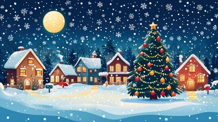 Fototapeta premium Cozy Winter Festival Scene with Christmas Decorations and Snowy Landscape, 2D Flat Vector Illustration with Copy Space