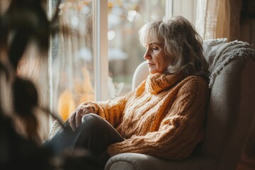 Senior woman sitting alone on a chair at home, Generative AI