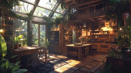 Fototapeta premium A rustic wooden kitchen with a skylight and surrounded by lush greenery.