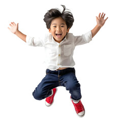 A boy with black hair, white shirt, blue pants and red shoes jumping in a midair isolated on a transparent background