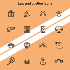 Set of law and justice icons showcasing legal symbols and justice system elements suitable for law and order themes.