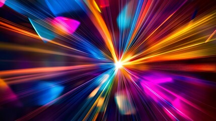 An abstract hologram with stunning light effects, where beams of colored light intersect and reflect off floating shapes