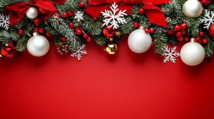 A red background with white and gold ornaments and a red ribbon