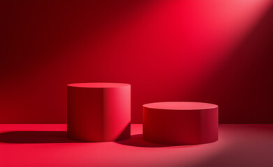 Red background three-dimensional cylindrical pedestals