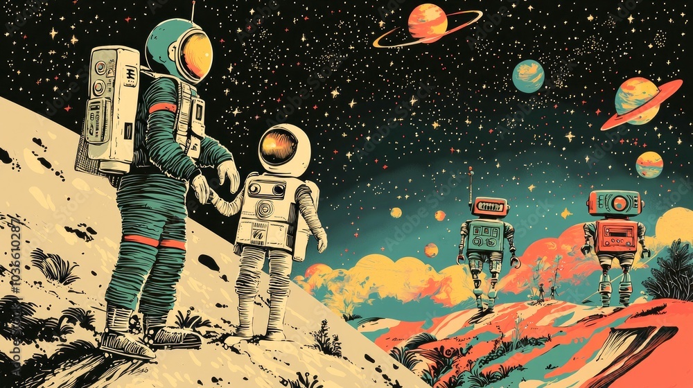 Poster two astronauts in space suits stand on a moon-like landscape looking at two robots walking toward th