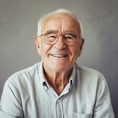 Fototapeta premium Portrait of a Smiling Elderly Man in Casual Shirt Against a Neutral Background