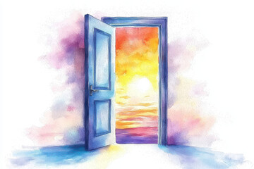 A watercolor painting of an open door revealing a vibrant sunset, symbolizing new opportunities and journeys.