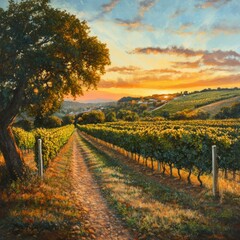 Naklejka premium Landscape with vineyard at sunset