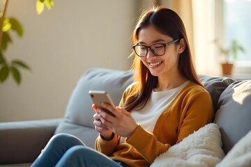 Smiling young woman wearing glasses looking at cell phone doing ecommerce mobile shopping relaxing on sofa in living room. Happy mature young woman using smartphone sitting on couch at home