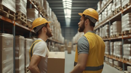 Warehouse Workers Collaboration: Two warehouse workers in yellow hard hats and vests, engaged in conversation amidst towering warehouse shelves.