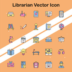 Set of librarian icons illustrating library services and tools perfect for education and book themes.