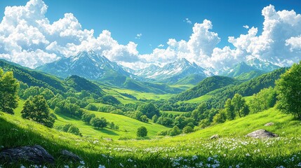 A breathtaking landscape of rolling green hills and majestic mountains under a bright blue sky with fluffy white clouds in springtime