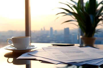A stack of organized tax documents and receipts on a desk with coffee and a city view during sunset