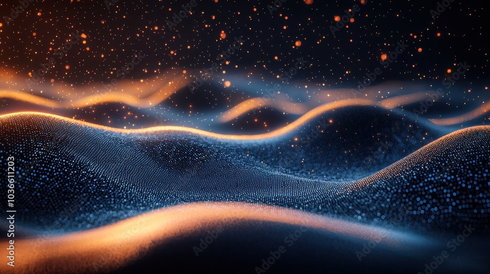 Poster mesmerizing waves of light and texture in an abstract landscape illuminated by a soft glow