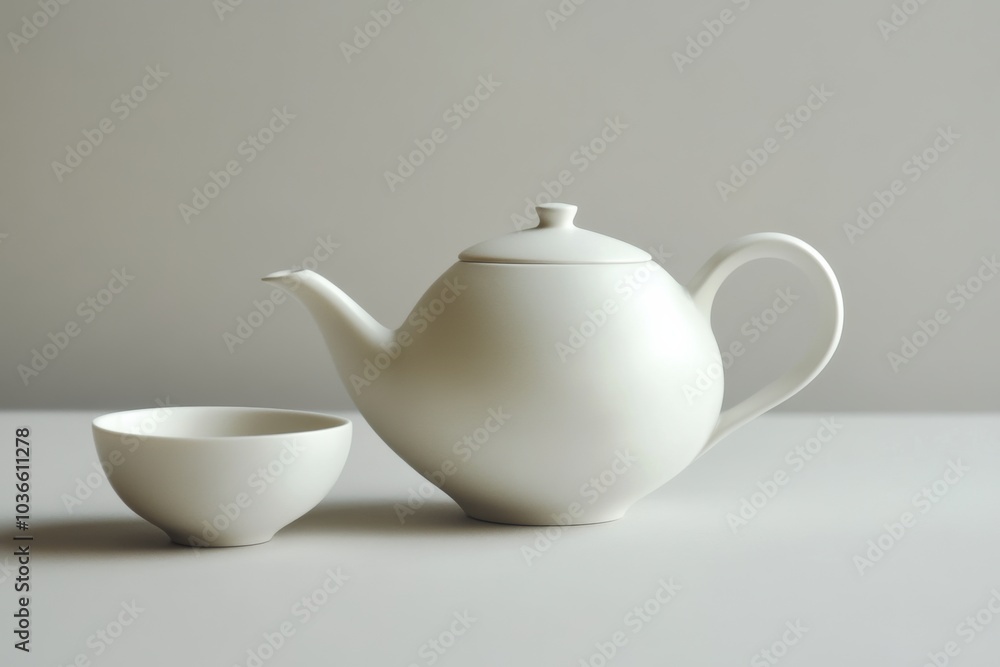 Poster a simple, white tea kettle sits next to a matching cup, creating a tranquil atmosphere in a cozy ind
