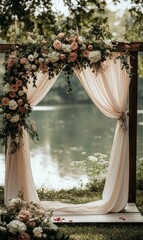 Floral wedding arch with draped fabric by a lake.