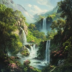 Fototapeta premium Lush green landscape with waterfalls