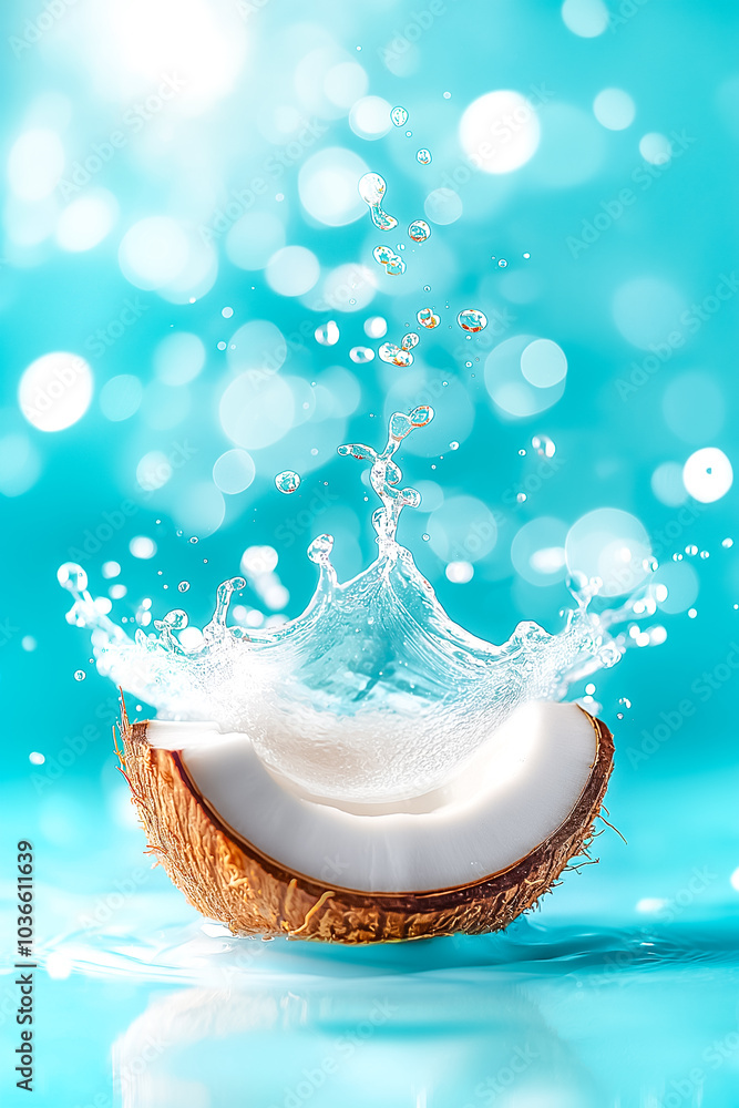 Poster a coconut half sits elegantly as water splashes around it, creating a dynamic and refreshing scene f