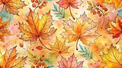 Fototapeta premium Colorful Autumn Leaves Watercolor Illustration with Berries and Branches