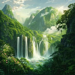 Lush green landscape with waterfalls