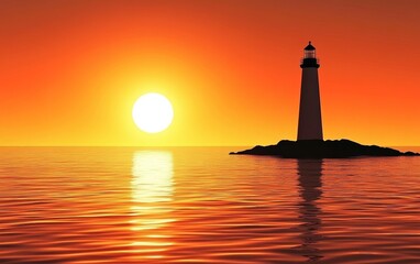A serene sunset scene featuring a lighthouse silhouetted against a vibrant orange sky.