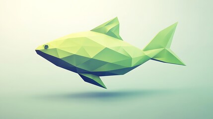 Minimalist Low Poly Fish Design in Shades of Green on Pale Background
