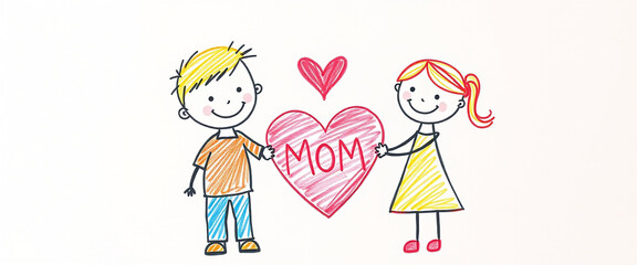 kid scribble drawing in crayons holding heart with word Mon written on Mothers day concept