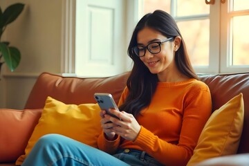 Woman Relaxing on Couch Using Smartphone at Home