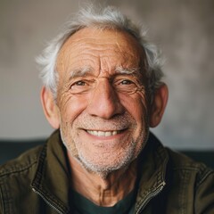 Obraz premium Portrait of a Smiling Elderly Man with Gray Hair and Beard in Casual Jacket Against Neutral Background
