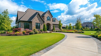 Fototapeta premium A large, stone house with a lush green lawn and a winding driveway.