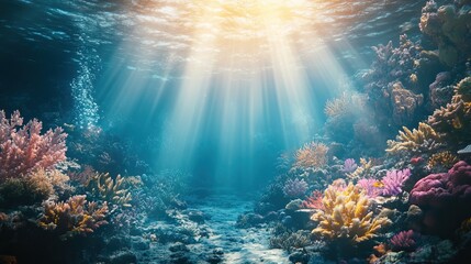 Fototapeta premium A vibrant underwater scene with colorful coral reefs and sunlight penetrating the water