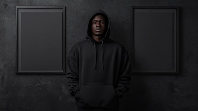 Dark hooded figure between black void frames, mysterious